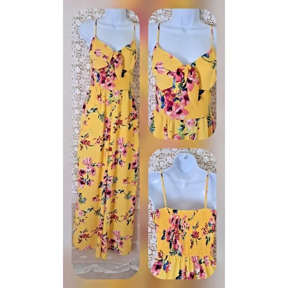 Xhilaration Jumpsuit L Yellow Floral Smocked Back Slit Wide Leg Adjustable Boho - Picture 14 of 14